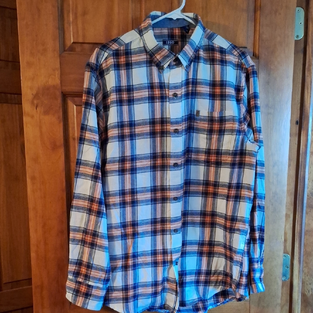 Izod Men’s Blue, White and Orange Plaid Button-Down Shirt L Large Flannel